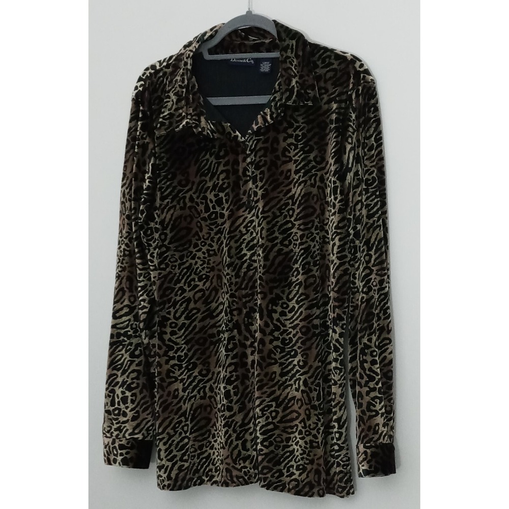 Denim & Co Blouse Women's Size L Animal Print Button Up Faux Velvet Soft Pre-own